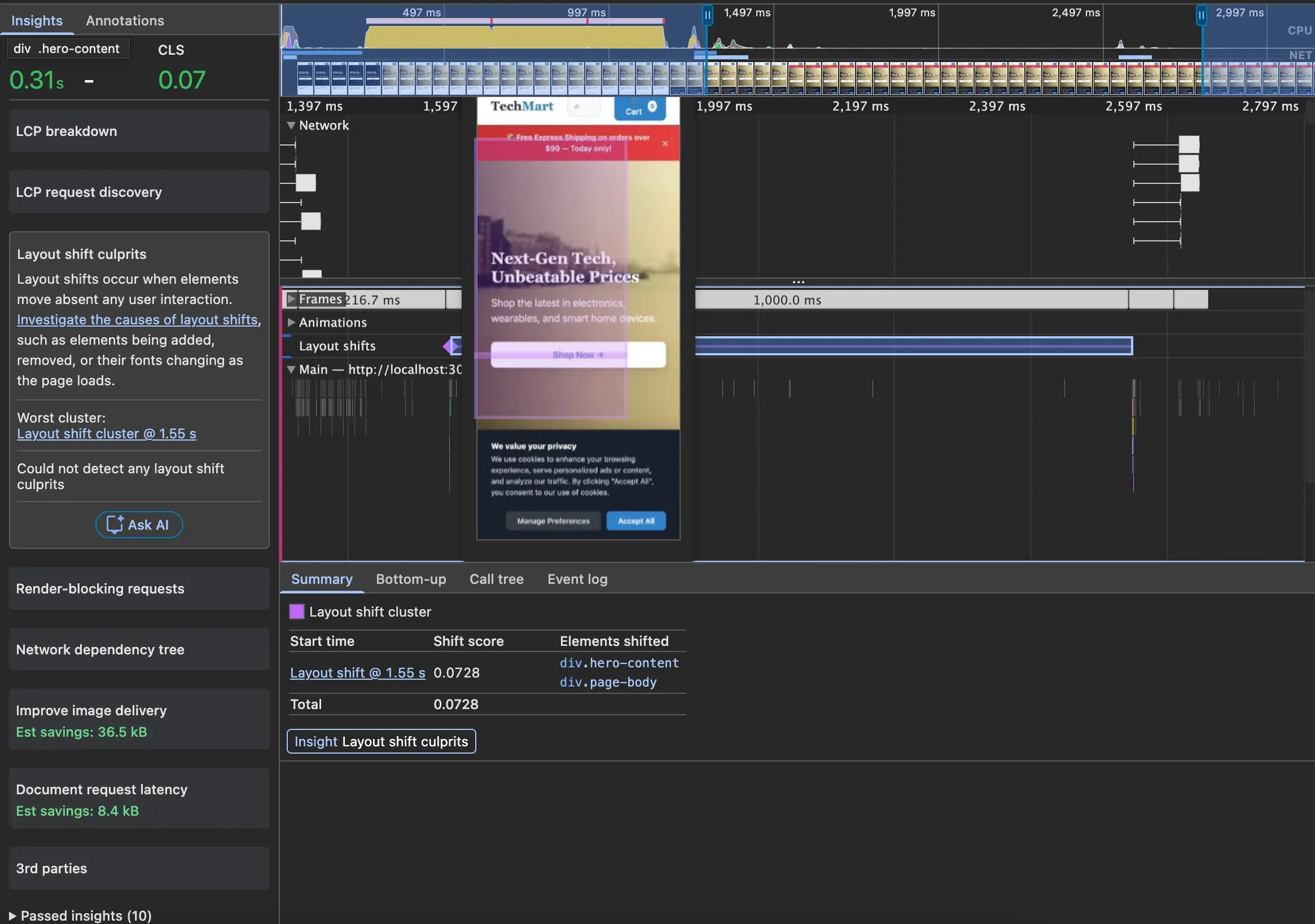 Performance tab after fixing image dimensions — no more unsized image warnings
