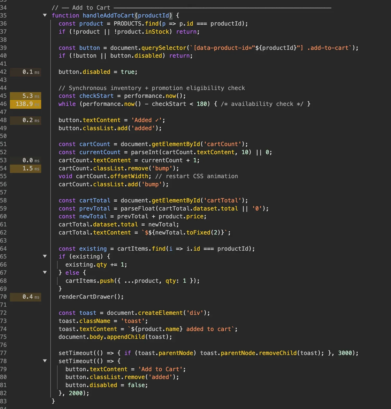 Source view of handleAddToCart showing a loop taking 138.9ms