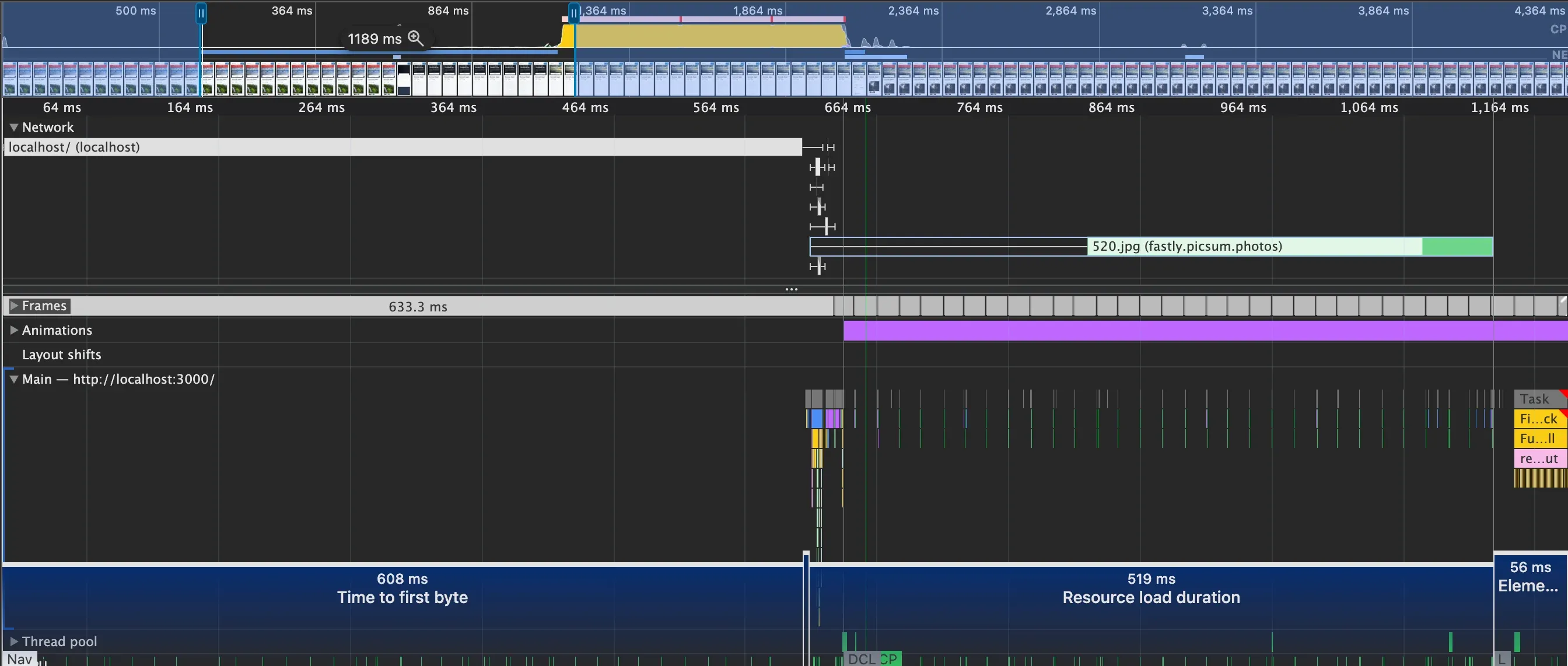 Performance tab after requestIdleCallback — element render delay near zero