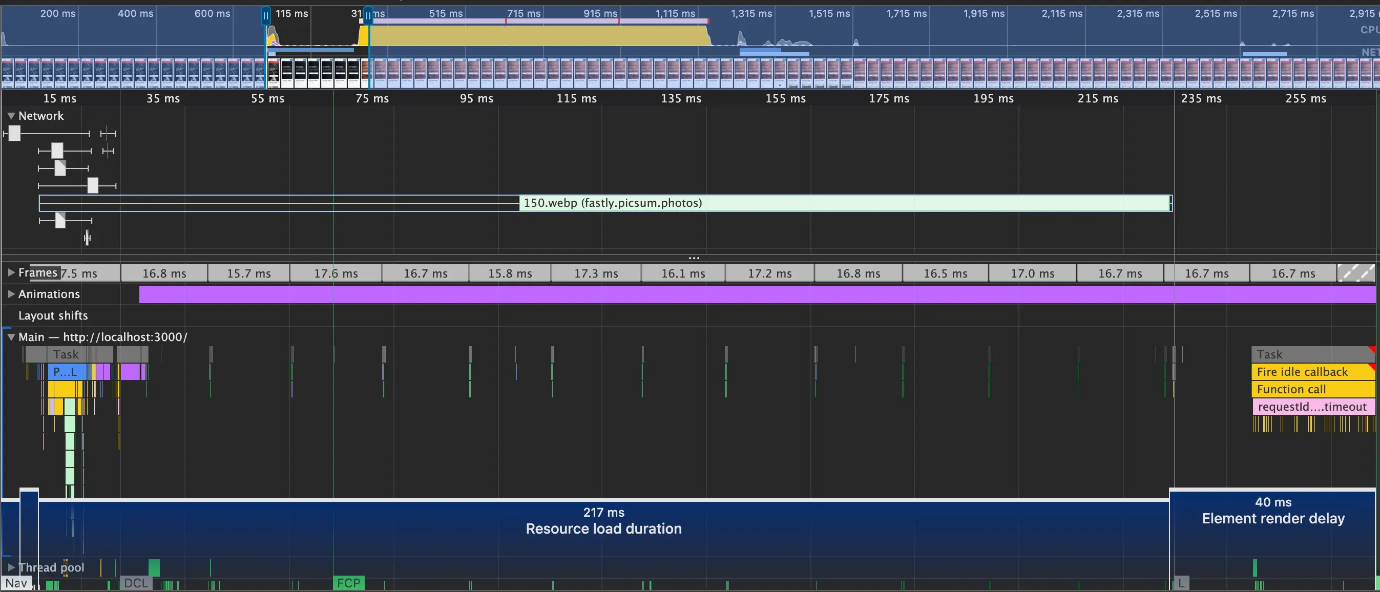 Performance tab after removing artificial server delay — TTFB improved